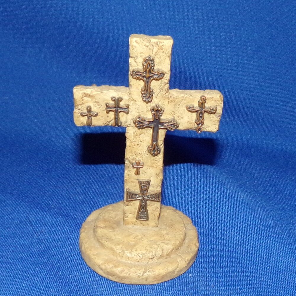 Vintage Cross Figurine Statuette - Cast Beige & Brown - 4 1/2 Tall
